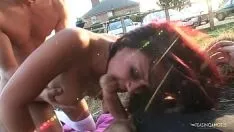 Play Loud moans echo through the outdoor fair as the brunette and blonde get dicked down