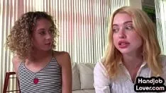 Play Tiny teen learning dirty talking pov hj by her bff in 3some