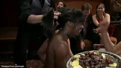 Play Ebony petitioner in hardcore interracial orgy with rough gagging and big dick action